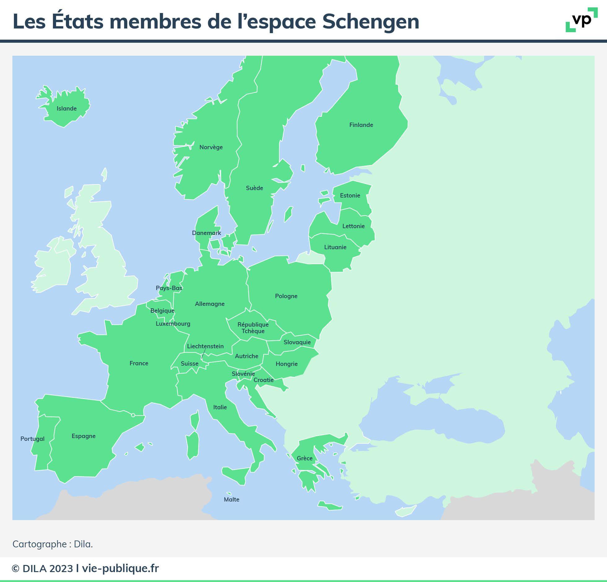 Carte des états membres de l'espace Schengen