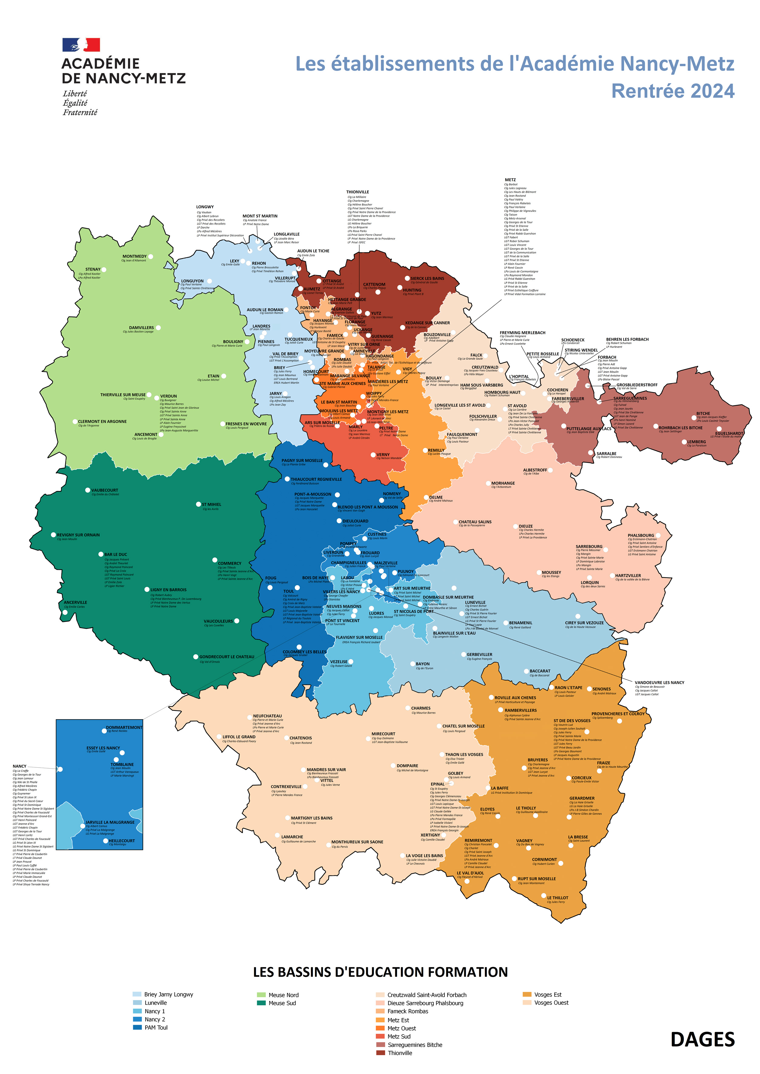 Carte des établissements publics et privés sous contrat de l'Académie Nancy-Metz - Rentrée 2024 